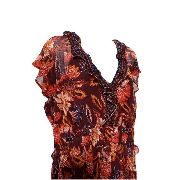 Old Navy Floral Tiered Smocked Midi Dress Size XL Orange Semi Sheer Boho Cottage - Picture 3 of 6